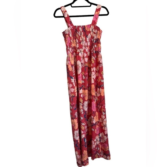 NWT monteau LA Tropical Smocked red V-neck Cutout Sleeveless Maxi Dress/ Size M - Picture 2 of 5